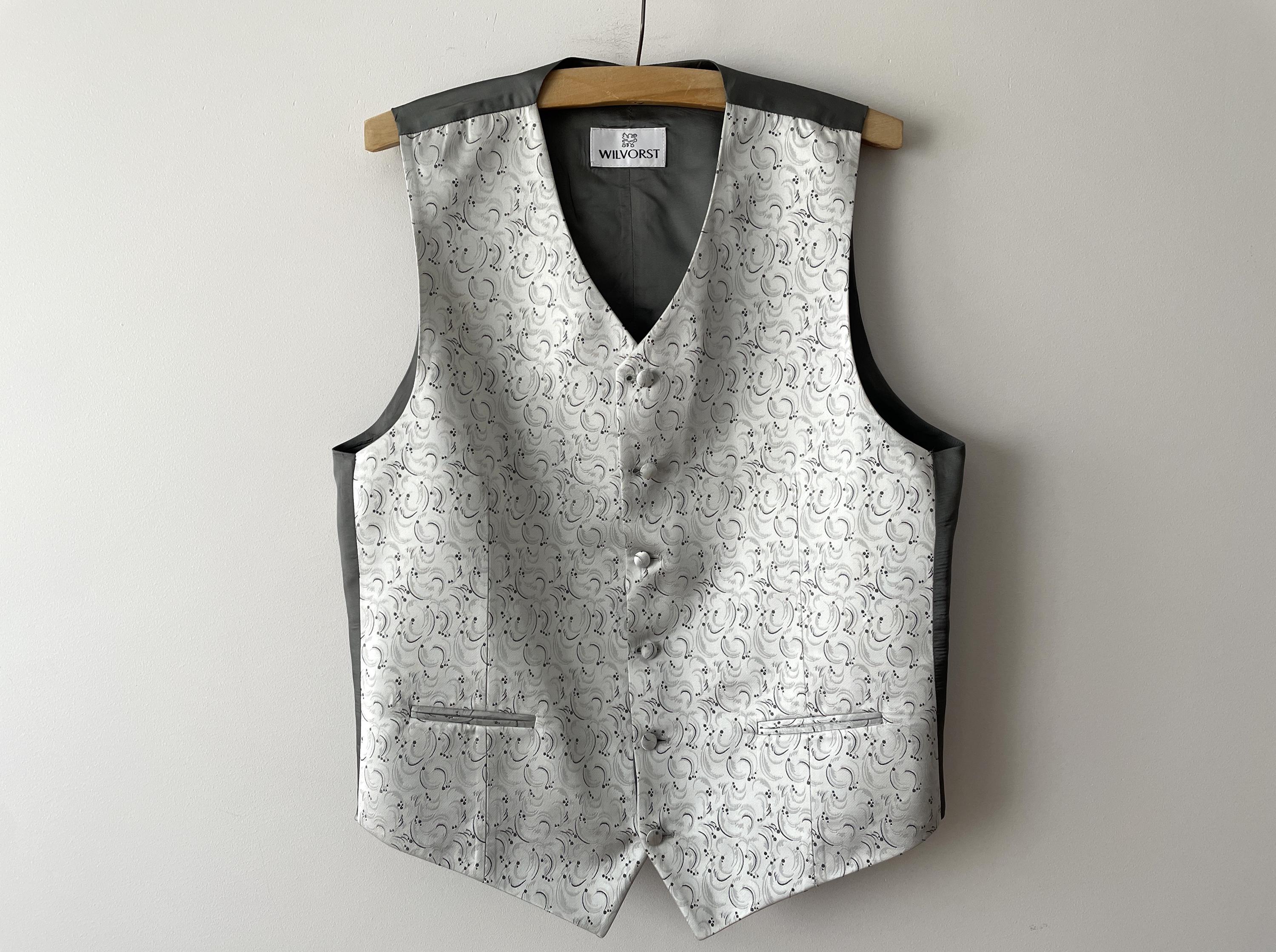 jaren 90 vintage zilvergrijs vest, klassiek formeel herenvest, zijdeachtig herenvest, grijs steampunkvest, bruidegom, maat groot vest
