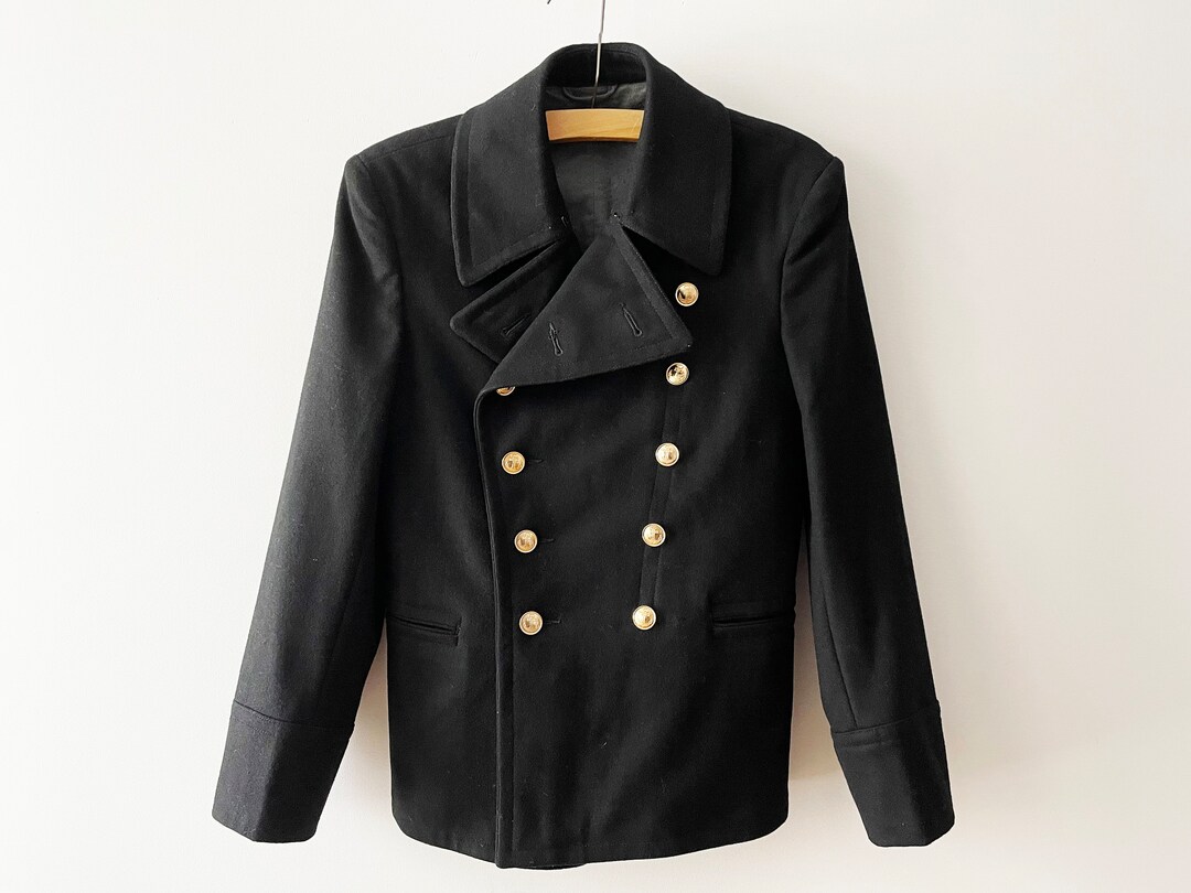 【NAISSANCE】 MOUTON COLLAR MILITARY COAT 1950s Men's Heavy Duty Navy Blue Gabardine Winter Coat with