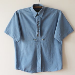 Trachten Short Sleeve Shirt Light Blue Loden Chemise Men Austrian Traditional Button Up Shirt Bavarian Dirndl Tyrolean Sounds of Music Large
