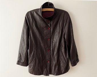 80s Vintage Brown Leather Parka Coat, Shoulder Pad Trench (Large)