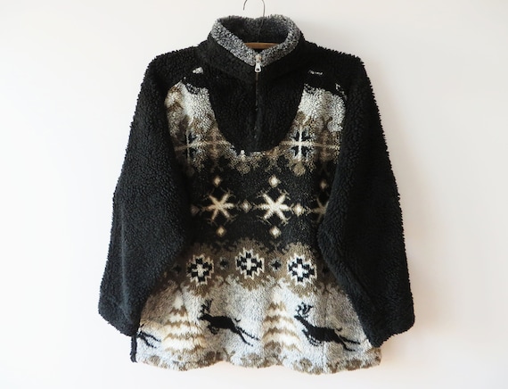 90s Fleece Sweater Hippie Deer print Pullovert Bo… - image 1