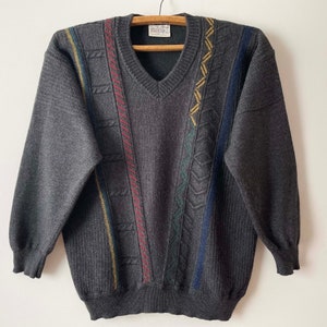 90s Knit men sweater, gray wool MASELLI pullover, warm winter jumper, knitted v-neck wool pullover, gift for him, made in Austria