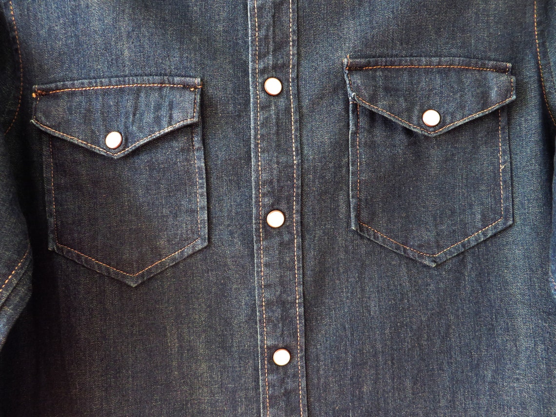 Men's Denim Shirt Navy Blue Jeans Chemise Long Sleeve Dark | Etsy