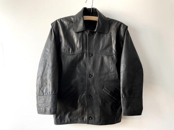 Black Genuine Leather Jacket, Short Trench Coat, Men's Outerwear, Medium