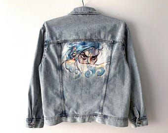 Hand-Painted Denim Jacket – Unique Artwear | Blue Hair Woman Design | Custom Painted Jean Jacket | Streetwear Fashion Gift, Medium