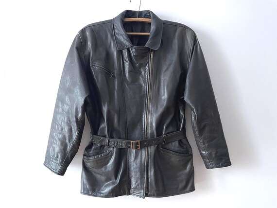 Vintage Black Leather Jacket | Belted Leather Moto Jacket | Structured Biker Jacket, Large