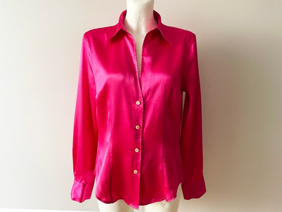 90s Raspberry pink blouse, bright silky polyester… - image 1