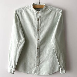 Mandarin collar shirt, Men&#39;s pale mint linen cotton blend singlet, long sleeve chemise, country wedding shirt, gift idea for him, size small