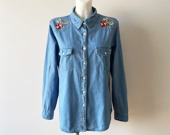 Women's denim shirt, embroidered blue denim jean top, button up blouse, button down shirt, western country cowgirl shirt gift for her medium