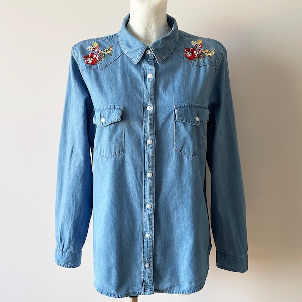 Women's denim shirt, embroidered blue denim jean top, button up blouse, button down shirt, western country cowgirl shirt gift for her medium