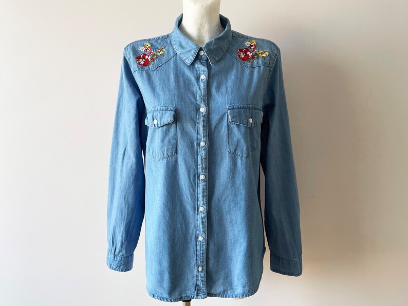 Women's Denim Shirt, Embroidered Blue Denim Jean Top, Button up Blouse