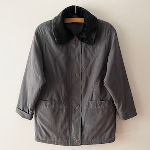 90s Damen Parka Jacke, Kurzmantel mit abnehmbaren veganen Pelzkragen, warme Winterjacke, warme Hipster Parka Jacke, Geschenkidee, Größe Large