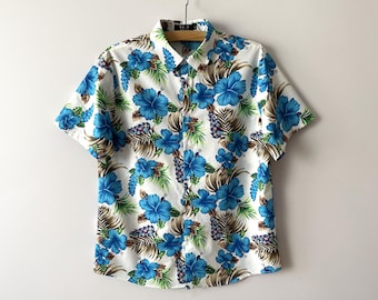 Katoenen vintage overhemd met bloemenprint - dameshemd met korte mouw (M)