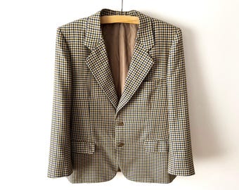 Vintage 80s Plaid Wool Blazer: Beige Checkered Preppy Jacket, Large