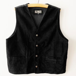 Black leather vest, Suede leather men&#39;s vest, Steampunk waistcoat, buttons up genuine leather biker boho top, leather fetish, gift idea