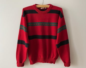 90s Crimson Red Wool Blend Sweater: Vintage Ski Jumper, Medium