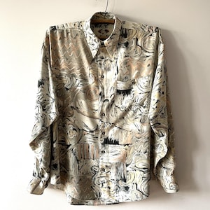 Herren Hemd aus Viskose, 80er Jahre Hipster Hemd, abstraktes Langarm Shirt, langes Hemd, Festival Top, Geschenkidee für Männer, large