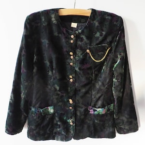 Vintage 80s Velvet Blazer Golden Buttons Velvet Jacket Padded Women Blazer with Pockets Holiday Jacket Gift for Mom Size Large