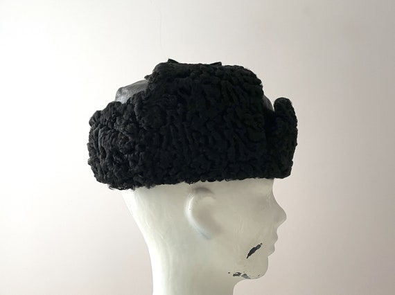 Black curly lamb ushanka, real fur genuine leathe… - image 3