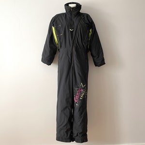 Black ski suit, vintage 80s One piece snowsuit, warm jumpsuit with shoulder pads, winter snow festival wear, snowboard suit, men's small