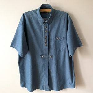 Short sleeve men&#39;s shirt, Blue loden chemise, men trachten Austrian traditional button up shirt, Bavarian Tyrolean top, size xxl large