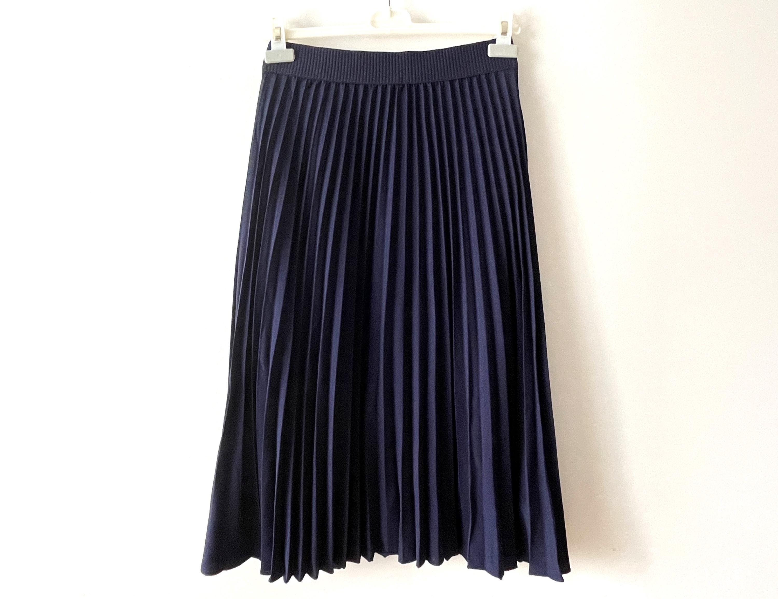 Navy Pleated Skirt, Dark Blue Accordion Elastic Waist Skirt