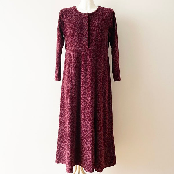 Robe en velours bordeaux des années 90, robe pour femmes en velours à motifs, longue robe boho à la maison, robe maxi à manches longues, robe en velours mélangé de coton