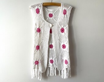 Vintage Fransen Häkelweste: Boho Blumen Hippie Weste