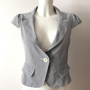 Striped women&#39;s vest, fitted collared waistcoat, black white stripes sleeveless blazer, formal clothing, women office wear, gift idea, small