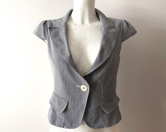 Gestreept damesvest, getailleerd gilet met kraag, zwart witte strepen mouwloze blazer, formele kleding, dameskantoorkleding, cadeau-idee, klein