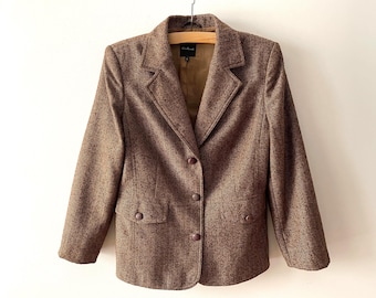 Brauner Herringbone Blazer, Klassische Wollmischung Jacke, Preppy Academia Blazer, large