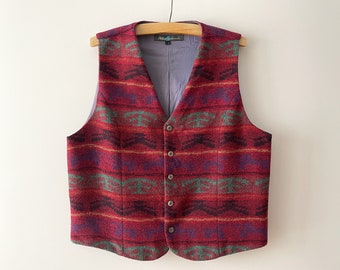 Men's winter vest, red tribal print wool blend hippie bohemian waistcoat, gift idea for him, patterned vest, size large