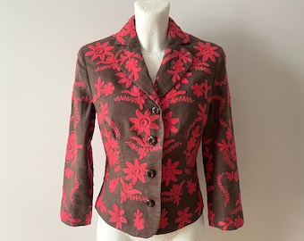 Vintage Bestickter Leinen Blazer: Florale Braune Leinen Jacke, Größe S