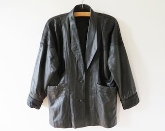 Vintage 80s Black Leather Parka Coat with Shoulder Pads - Size Medium