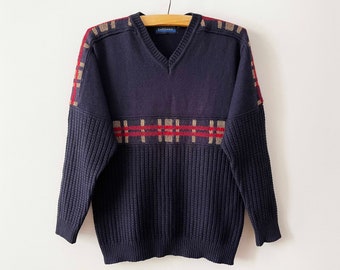 jaren 90 marineblauwe wolmix gebreide trui - vintage herentrui, maat Large
