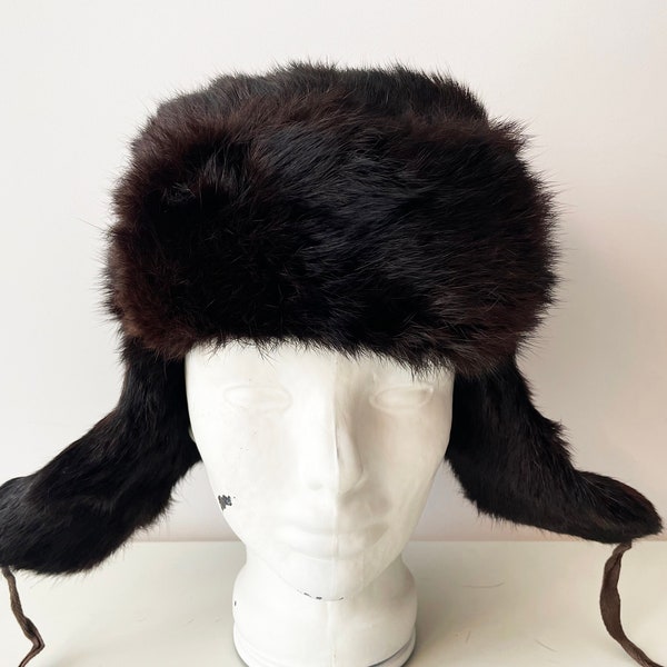 Fur Ushanka hat, Vintage 70s ear flaps trapper trooper winter hat, Soviet brown genuine rabbit fur traditional vinter hat, gift for her him