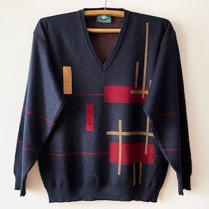 Marineblauer Pullover, Pullover aus Wollmischung, Herrenpullover mit Geoprint, Kuscheliger Winterpullover, Gestrickter Skipullover, Geschenkidee für Ihn, Größe M