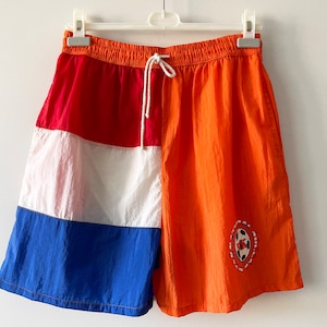 90s Swimming trunks, Men&#39;s swimwear, bright surfer shorts, orange blue colorblock beach swim trunks, summer sportswear, gift for him, medium