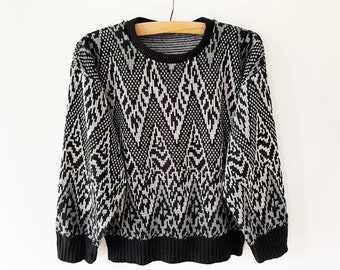 80er Jahre Gemusterter Acryl Strickpullover: Boxy Cosby Pullover