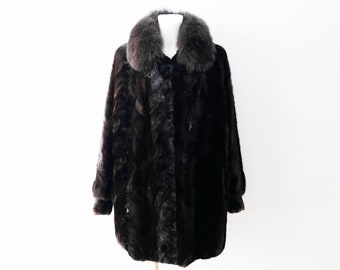 Cappotto di pelliccia marrone anni '80 con colletto staccabile, soprabito da donna lussuoso in vera pelliccia, caldo capospalla invernale, moda sostenibile, medio