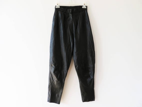 Vintage 80s Women High Waist Genuine Leather Trous