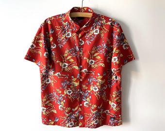 Camisa havaiana, regata masculina vermelha com estampa floral, camisa de verão, camisa de manga curta com botões, blusa de praia masculina, regata "Espírito Aloha", tamanho grande