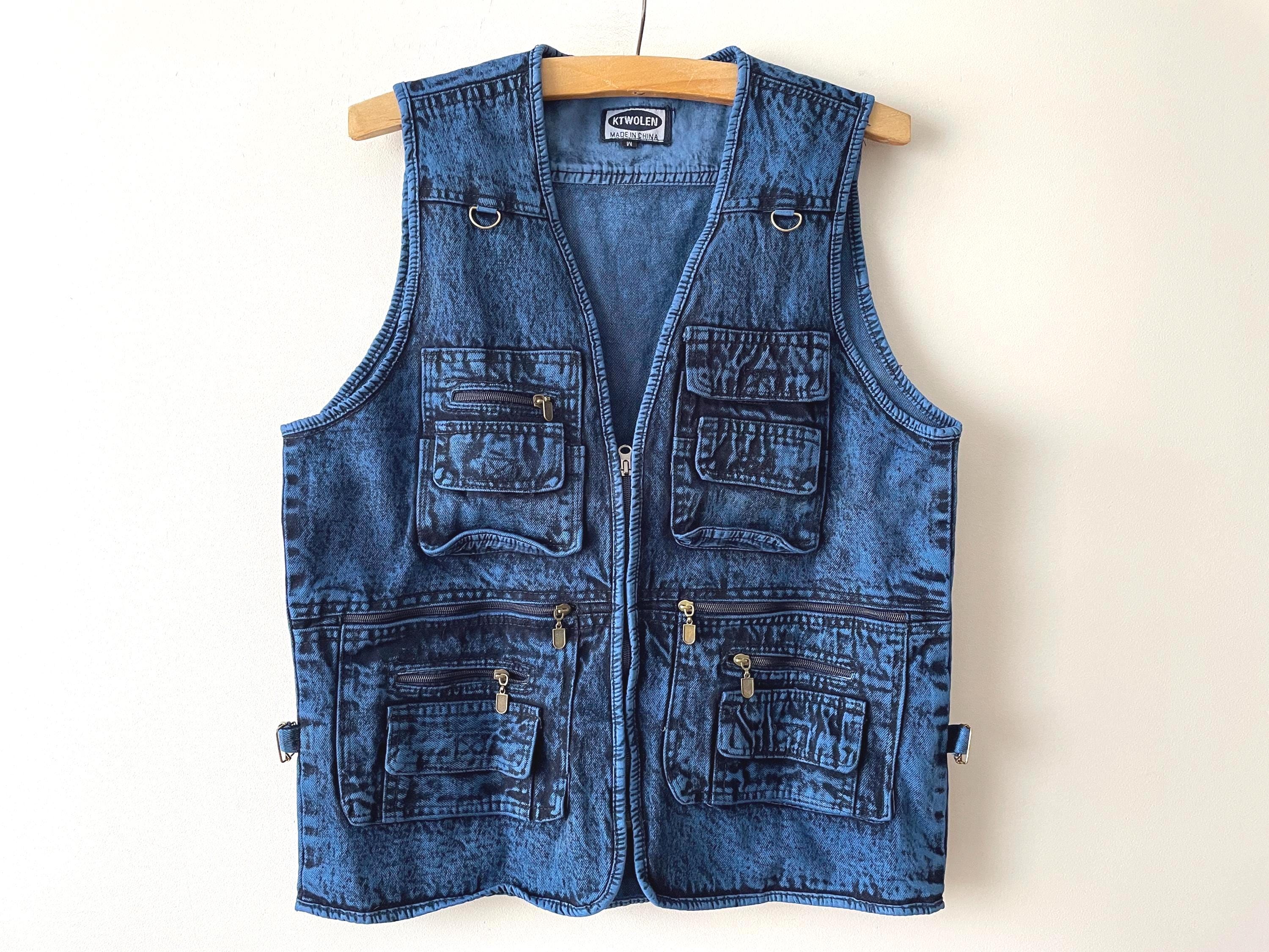 Denim Utility Vest, Acid Wash Blue Denim Multi Pocket Cargo