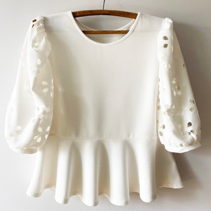 90s Milk white blouse, Women&#39;s summer top, cut off puff sleeve ruffle blouse, ivory white tunic, gift idea for her, plus size xl large