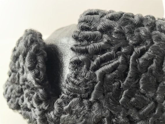 Black curly lamb ushanka, real fur genuine leathe… - image 6