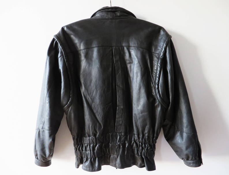 Vintage 80s Black Leather Jacket Black Biker Jacket Cropped Women Leather Coat Motorcycle Jacket Leather Outerwear Leather Fetish Large