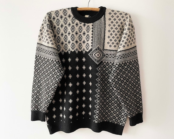 Men Knit Sweater Patterned Wool Blend Knitted Pullover Black