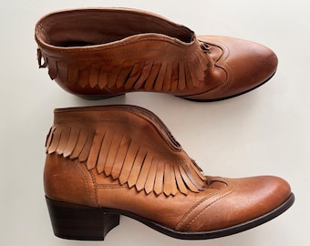 Women&#39;s Chelsea boots, Brown leather fringe booties, genuine leather tassel ankle boots, short cowgirl boots women UK 5.5 / EUR 38  / US 7.5