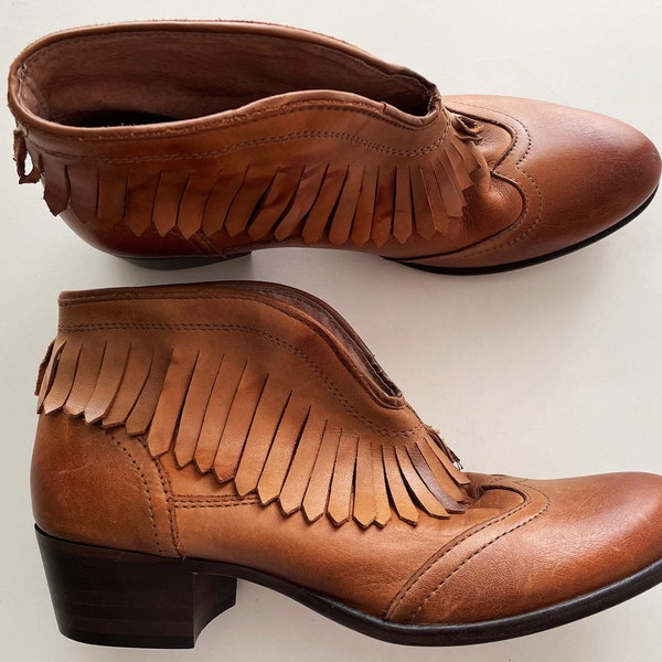 Women's Chelsea boots, Brown leather fringe booties, genuine leather tassel ankle boots, short cowgirl boots women UK 5.5 / EUR 38  / US 7.5