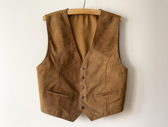 Men's suede vest, beige genuine leather biker wai… - image 1